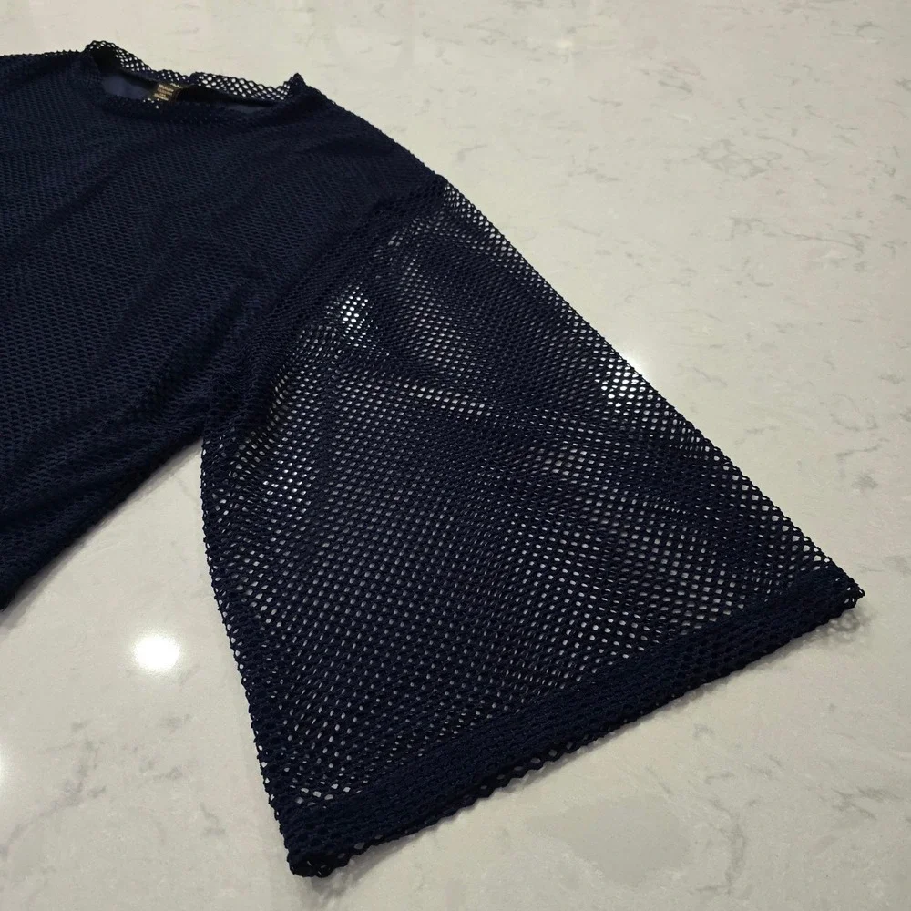 RAIN Navy Blue Mesh Lace Overlay Top Wide Bell Sleeve Crew Neck Size Large